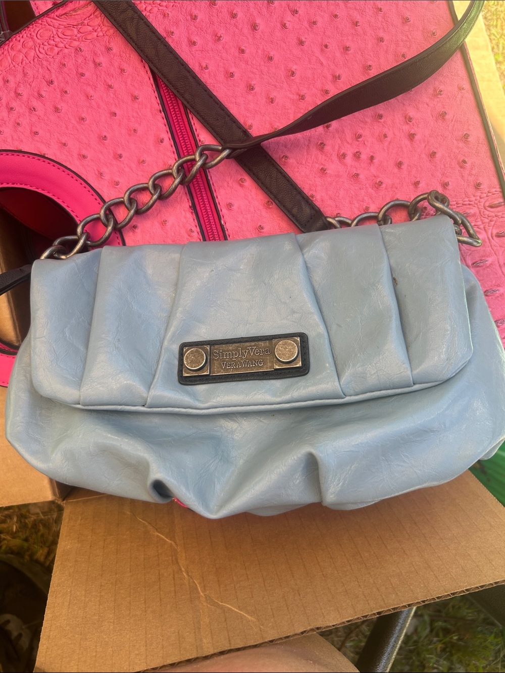 Vera Wang Light Blue Quilted Flap Shoulder Bag with Chain Accent